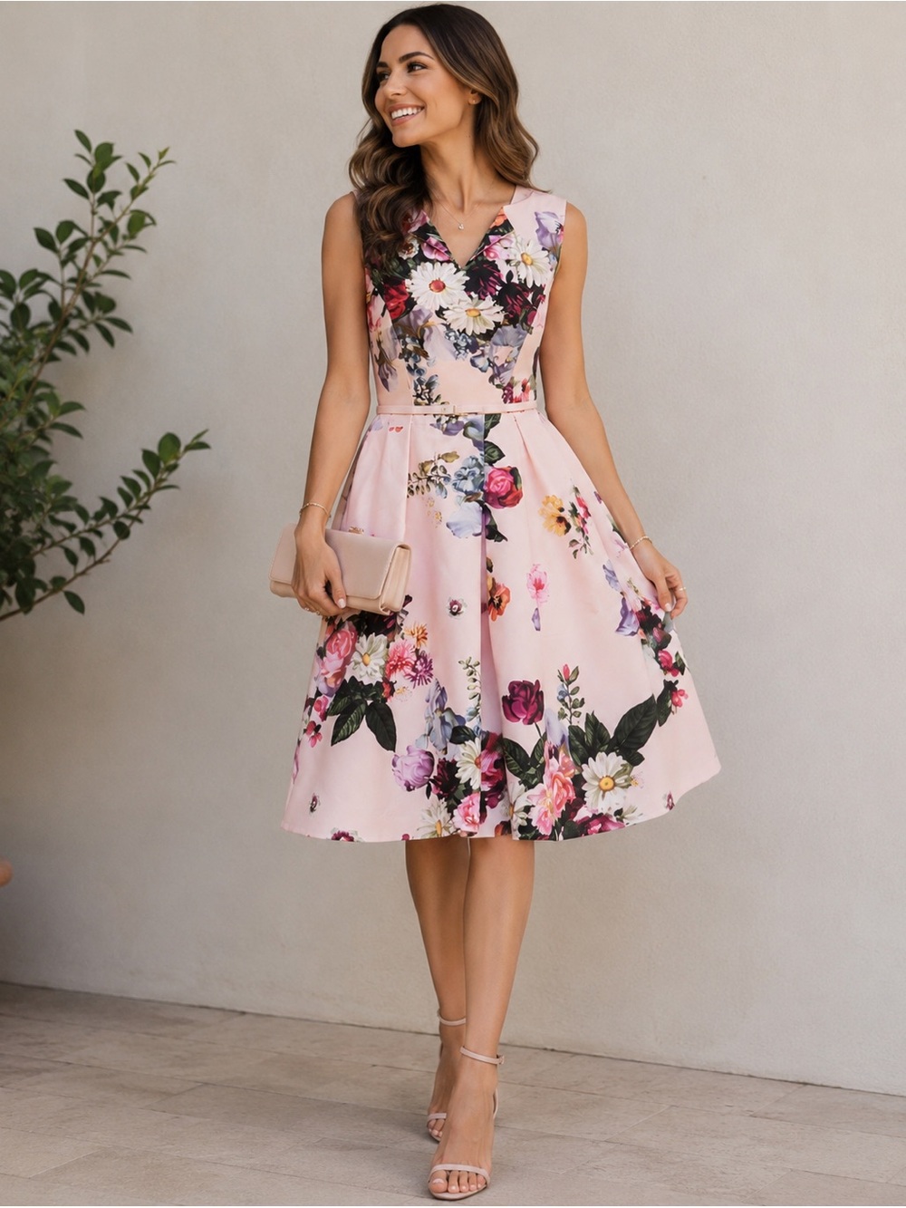Ted Baker London Pink Floral Fit & Flare Dress Belted Garden Party Dress Size 3